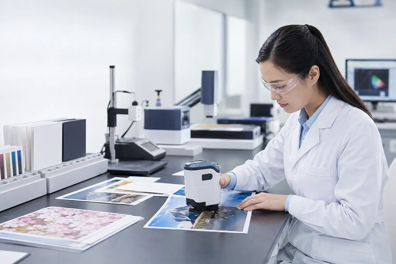 Quality control specialist inspecting coated paper